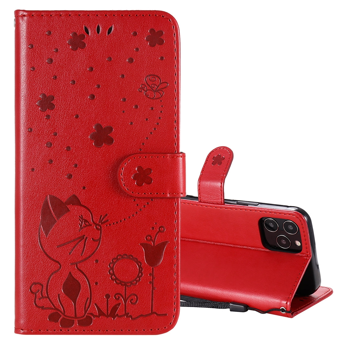 For Apple iPhone 12 Pro Cat and Bee Embossed Flip Leather Phone Case Wallet Cover with Card Slots Cash Pocket Magnetic Stand Protective Shockproof TPU PU Leather Case with Wrist Strap