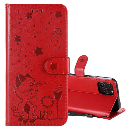 For Apple iPhone 12 Pro Cat and Bee Embossed Flip Leather Phone Case Wallet Cover with Card Slots Cash Pocket Magnetic Stand Protective Shockproof TPU PU Leather Case with Wrist Strap