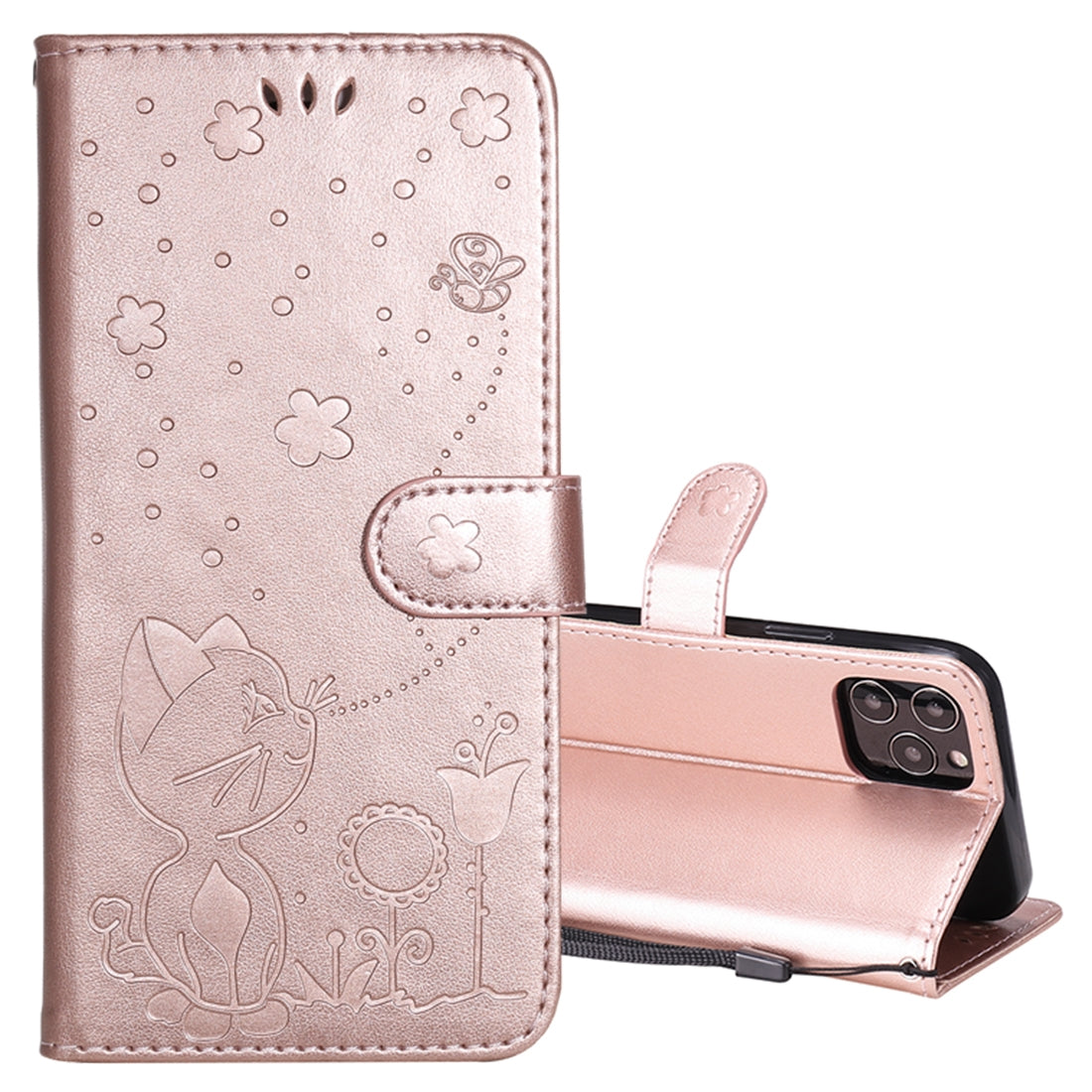 For Apple iPhone 12 Cat and Bee Embossed Flip Leather Phone Case Wallet Cover with Card Slots Cash Pocket Magnetic Stand Protective Shockproof TPU PU Leather Case with Wrist Strap