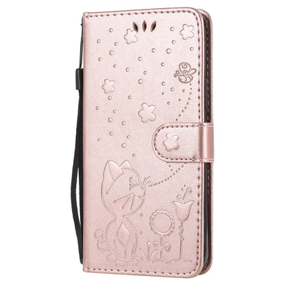 For Apple iPhone 12 Cat and Bee Embossed Flip Leather Phone Case Wallet Cover with Card Slots Cash Pocket Magnetic Stand Protective Shockproof TPU PU Leather Case with Wrist Strap