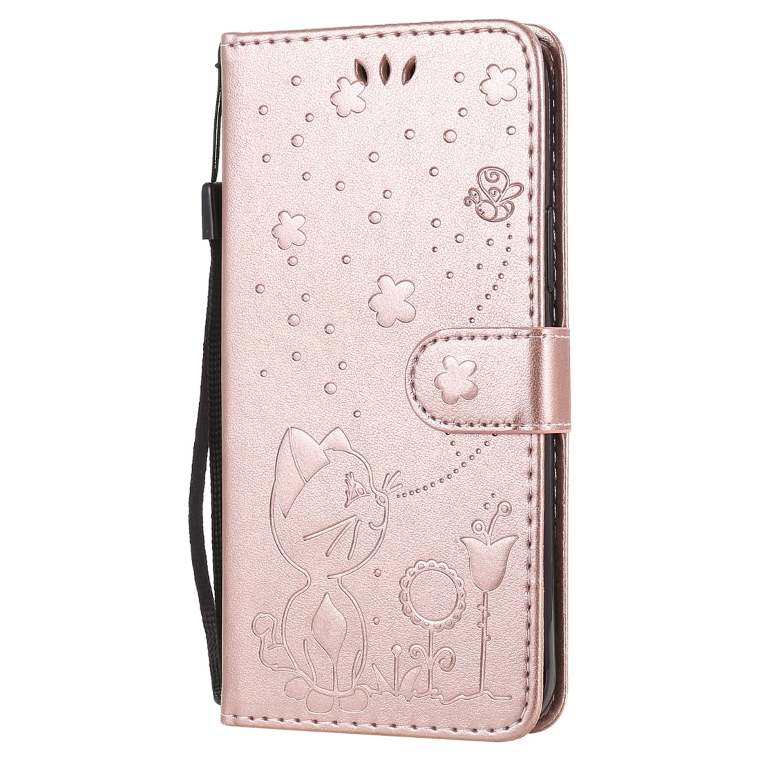 For Apple iPhone 12 Pro Cat and Bee Embossed Flip Leather Phone Case Wallet Cover with Card Slots Cash Pocket Magnetic Stand Protective Shockproof TPU PU Leather Case with Wrist Strap