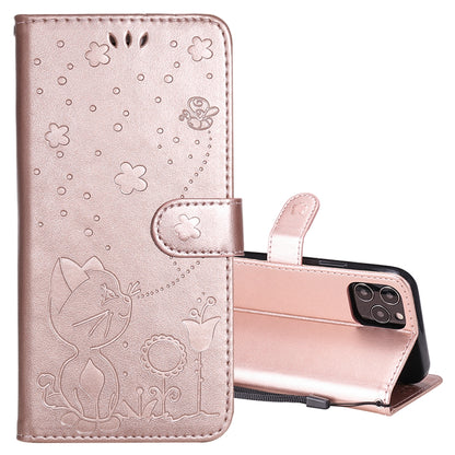 For Apple iPhone 12 Pro Cat and Bee Embossed Flip Leather Phone Case Wallet Cover with Card Slots Cash Pocket Magnetic Stand Protective Shockproof TPU PU Leather Case with Wrist Strap