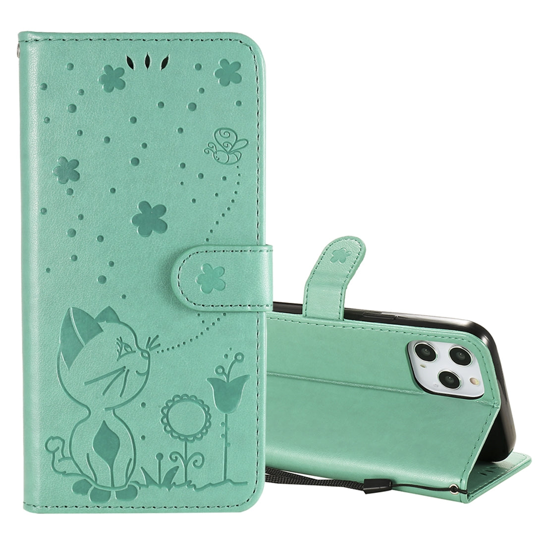 For Apple iPhone 12 Pro Max Cat and Bee Embossed Flip Leather Phone Case Wallet Cover with Card Slots Cash Pocket Magnetic Stand Protective Shockproof TPU PU Leather Case with Wrist Strap