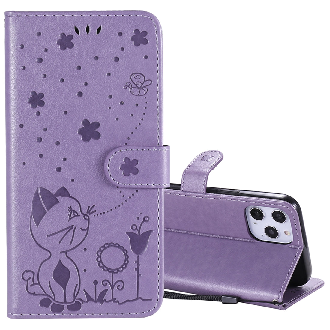 For Apple iPhone 12 Pro Max Cat and Bee Embossed Flip Leather Phone Case Wallet Cover with Card Slots Cash Pocket Magnetic Stand Protective Shockproof TPU PU Leather Case with Wrist Strap