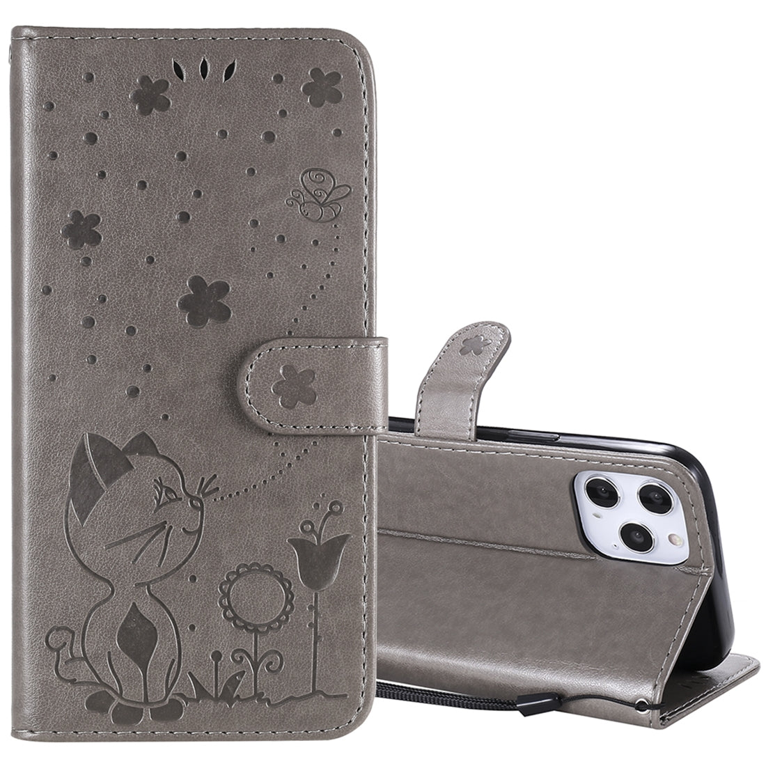For Apple iPhone 12 Pro Max Cat and Bee Embossed Flip Leather Phone Case Wallet Cover with Card Slots Cash Pocket Magnetic Stand Protective Shockproof TPU PU Leather Case with Wrist Strap