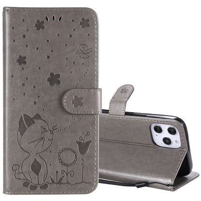 For Apple iPhone 12 Pro Max Cat and Bee Embossed Flip Leather Phone Case Wallet Cover with Card Slots Cash Pocket Magnetic Stand Protective Shockproof TPU PU Leather Case with Wrist Strap