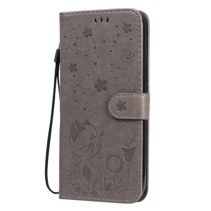 For Apple iPhone 12 Pro Max Cat and Bee Embossed Flip Leather Phone Case Wallet Cover with Card Slots Cash Pocket Magnetic Stand Protective Shockproof TPU PU Leather Case with Wrist Strap
