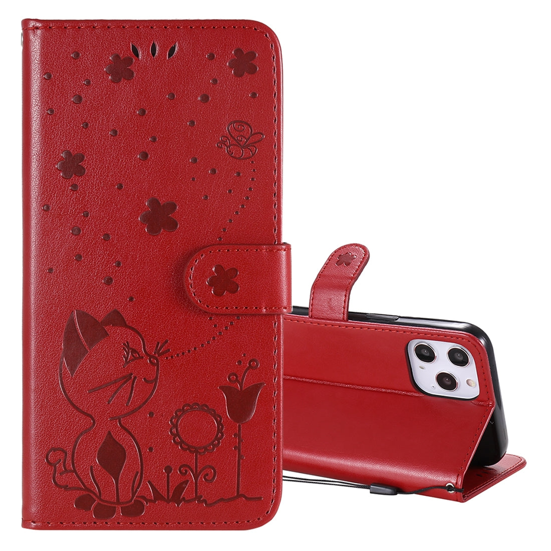 For Apple iPhone 12 Pro Max Cat and Bee Embossed Flip Leather Phone Case Wallet Cover with Card Slots Cash Pocket Magnetic Stand Protective Shockproof TPU PU Leather Case with Wrist Strap