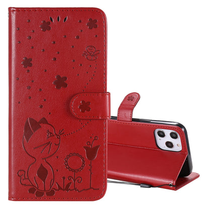 For Apple iPhone 12 Pro Max Cat and Bee Embossed Flip Leather Phone Case Wallet Cover with Card Slots Cash Pocket Magnetic Stand Protective Shockproof TPU PU Leather Case with Wrist Strap