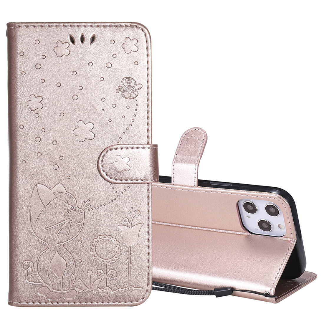 For Apple iPhone 12 Pro Max Cat and Bee Embossed Flip Leather Phone Case Wallet Cover with Card Slots Cash Pocket Magnetic Stand Protective Shockproof TPU PU Leather Case with Wrist Strap