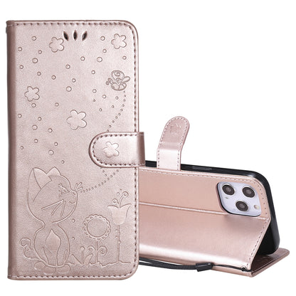 For Apple iPhone 12 Pro Max Cat and Bee Embossed Flip Leather Phone Case Wallet Cover with Card Slots Cash Pocket Magnetic Stand Protective Shockproof TPU PU Leather Case with Wrist Strap