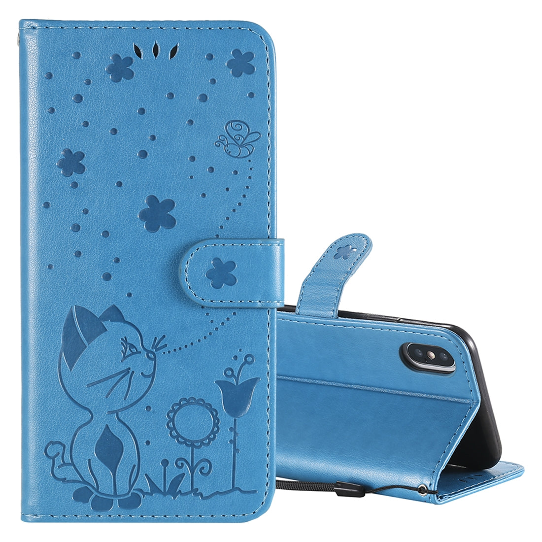 For Apple iPhone X Cat and Bee Embossed Flip Leather Phone Case Wallet Cover with Card Slots Cash Pocket Magnetic Stand Protective Shockproof TPU PU Leather Case with Wrist Strap