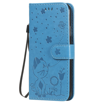 For Apple iPhone XS Cat and Bee Embossed Flip Leather Phone Case Wallet Cover with Card Slots Cash Pocket Magnetic Stand Protective Shockproof TPU PU Leather Case with Wrist Strap