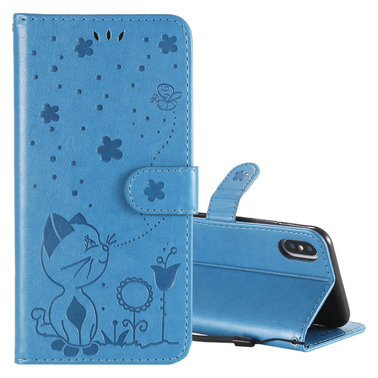 For Apple iPhone XS Cat and Bee Embossed Flip Leather Phone Case Wallet Cover with Card Slots Cash Pocket Magnetic Stand Protective Shockproof TPU PU Leather Case with Wrist Strap