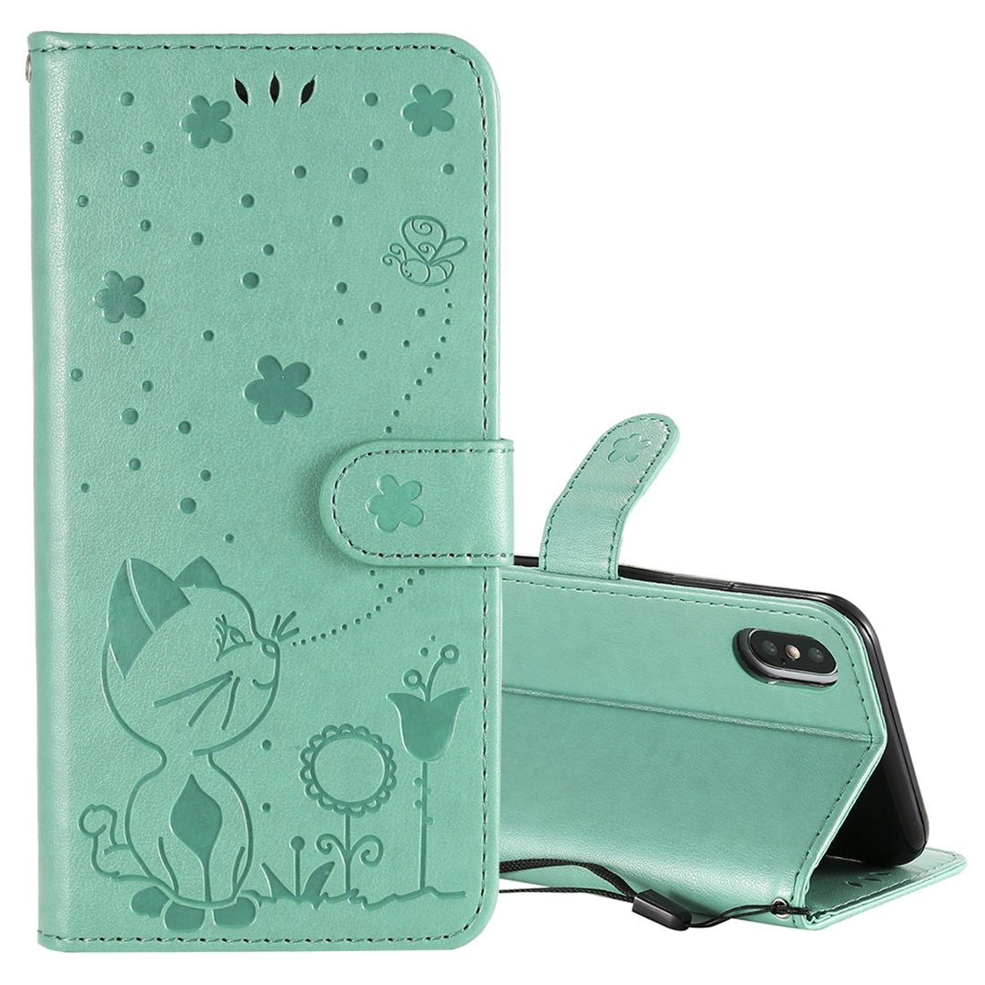 For Apple iPhone X Cat and Bee Embossed Flip Leather Phone Case Wallet Cover with Card Slots Cash Pocket Magnetic Stand Protective Shockproof TPU PU Leather Case with Wrist Strap