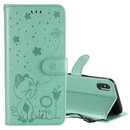 For Apple iPhone XS Cat and Bee Embossed Flip Leather Phone Case Wallet Cover with Card Slots Cash Pocket Magnetic Stand Protective Shockproof TPU PU Leather Case with Wrist Strap