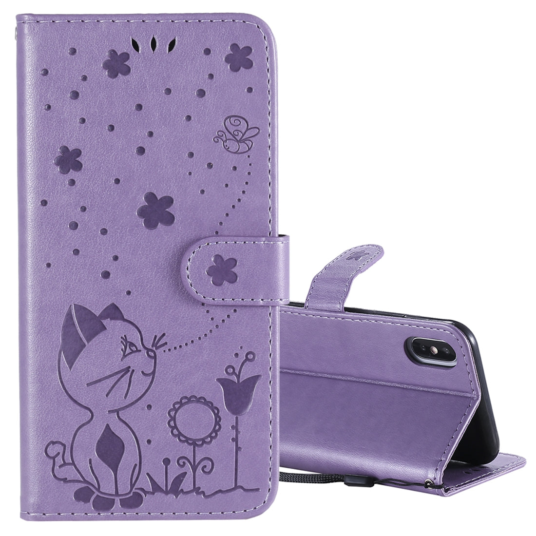 For Apple iPhone XS Cat and Bee Embossed Flip Leather Phone Case Wallet Cover with Card Slots Cash Pocket Magnetic Stand Protective Shockproof TPU PU Leather Case with Wrist Strap