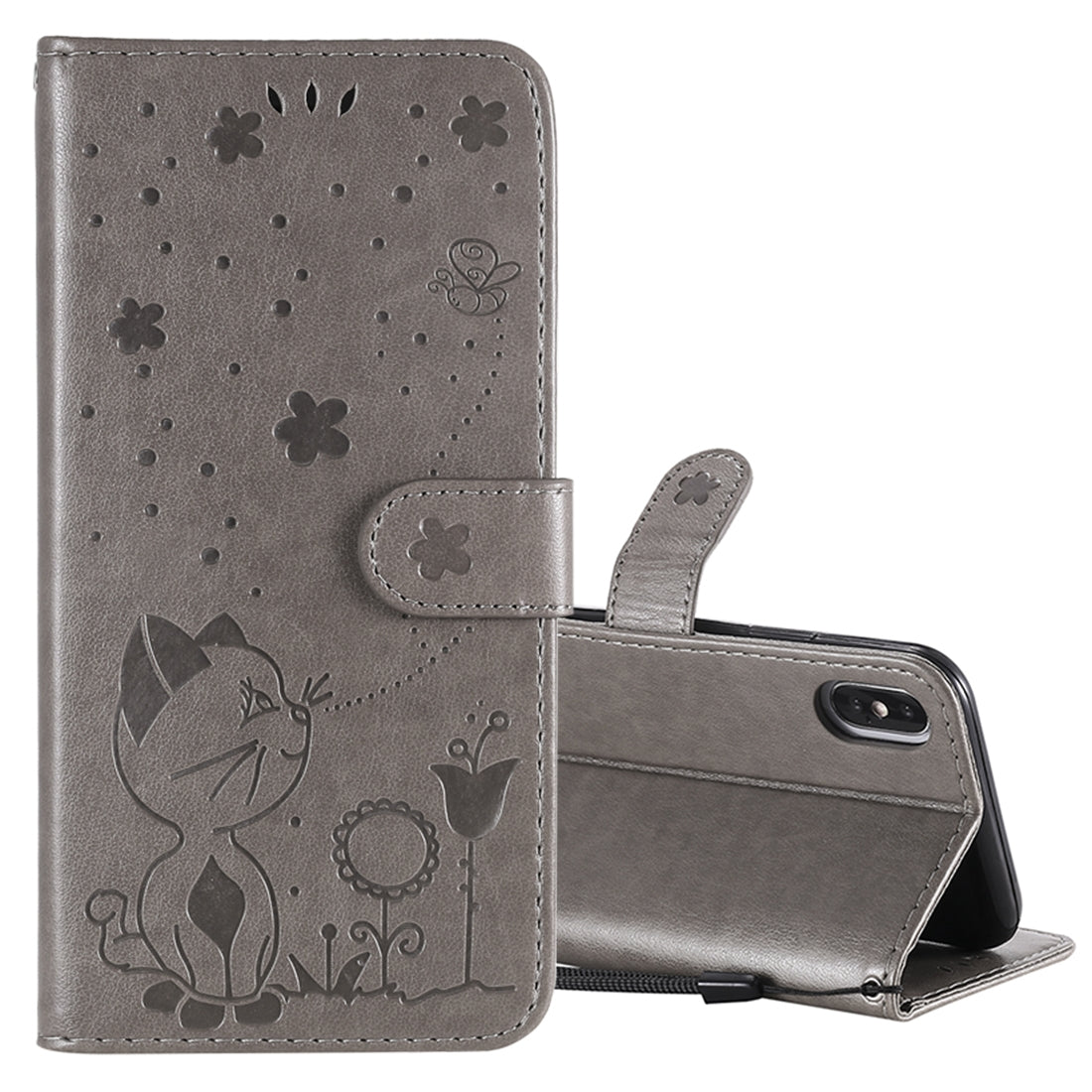For Apple iPhone X Cat and Bee Embossed Flip Leather Phone Case Wallet Cover with Card Slots Cash Pocket Magnetic Stand Protective Shockproof TPU PU Leather Case with Wrist Strap