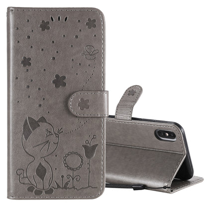 For Apple iPhone XS Cat and Bee Embossed Flip Leather Phone Case Wallet Cover with Card Slots Cash Pocket Magnetic Stand Protective Shockproof TPU PU Leather Case with Wrist Strap