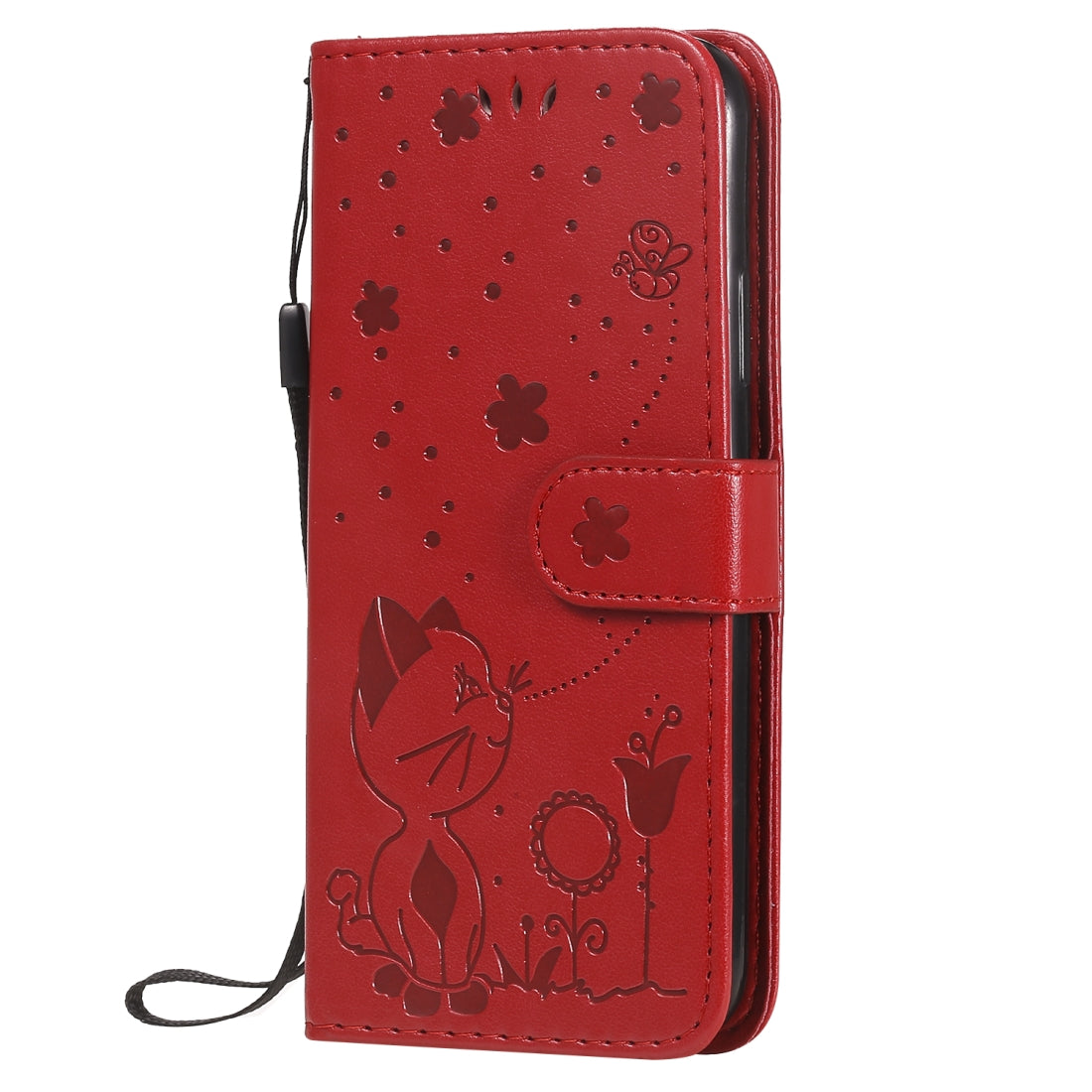 For Apple iPhone XS Cat and Bee Embossed Flip Leather Phone Case Wallet Cover with Card Slots Cash Pocket Magnetic Stand Protective Shockproof TPU PU Leather Case with Wrist Strap