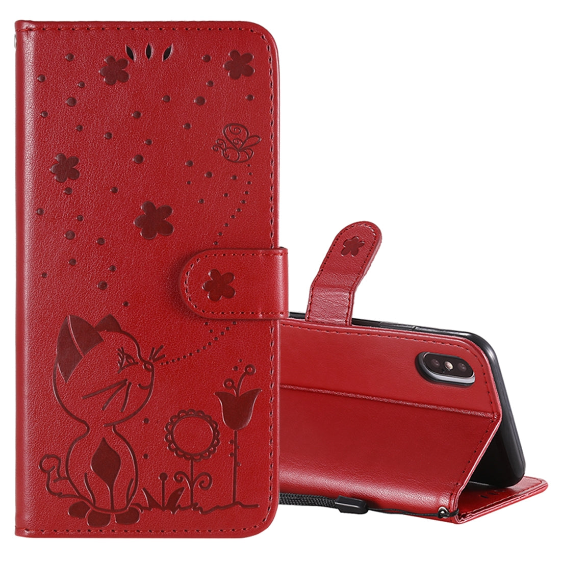 For Apple iPhone XS Cat and Bee Embossed Flip Leather Phone Case Wallet Cover with Card Slots Cash Pocket Magnetic Stand Protective Shockproof TPU PU Leather Case with Wrist Strap