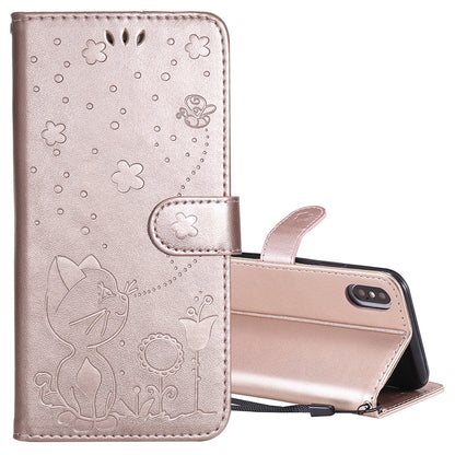 For Apple iPhone XS Cat and Bee Embossed Flip Leather Phone Case Wallet Cover with Card Slots Cash Pocket Magnetic Stand Protective Shockproof TPU PU Leather Case with Wrist Strap