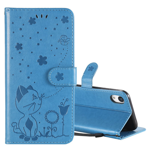 For Apple iPhone XR Cat and Bee Embossed Flip Leather Phone Case Wallet Cover with Card Slots Cash Pocket Magnetic Stand Protective Shockproof TPU PU Leather Case with Wrist Strap