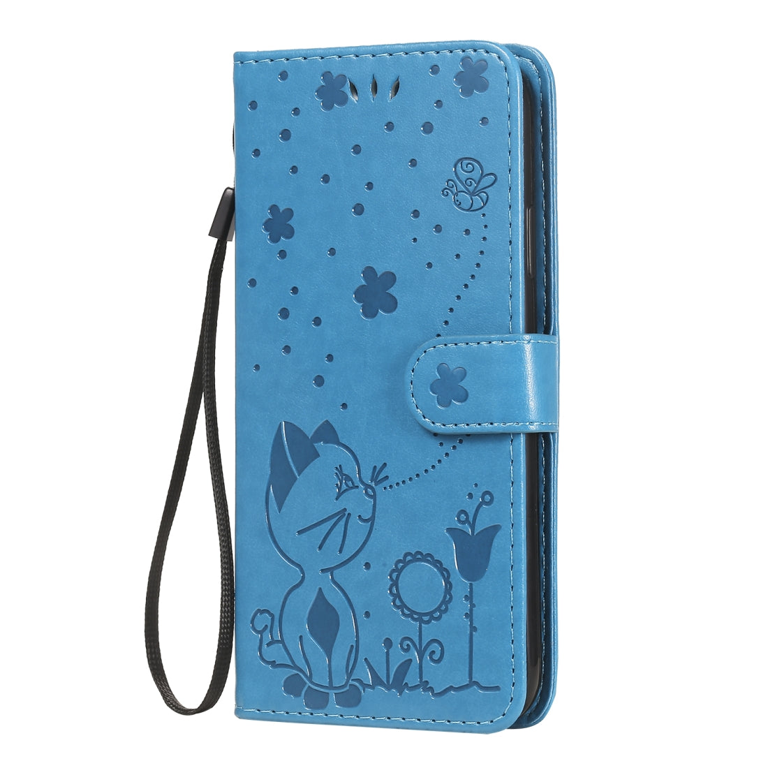 For Apple iPhone XR Cat and Bee Embossed Flip Leather Phone Case Wallet Cover with Card Slots Cash Pocket Magnetic Stand Protective Shockproof TPU PU Leather Case with Wrist Strap
