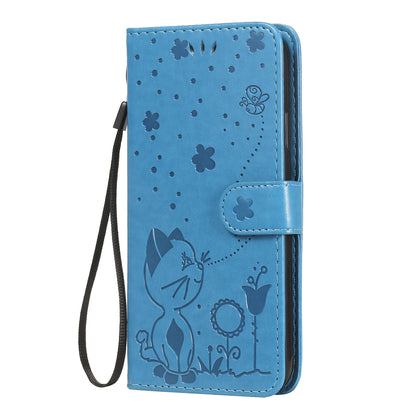 For Apple iPhone XR Cat and Bee Embossed Flip Leather Phone Case Wallet Cover with Card Slots Cash Pocket Magnetic Stand Protective Shockproof TPU PU Leather Case with Wrist Strap