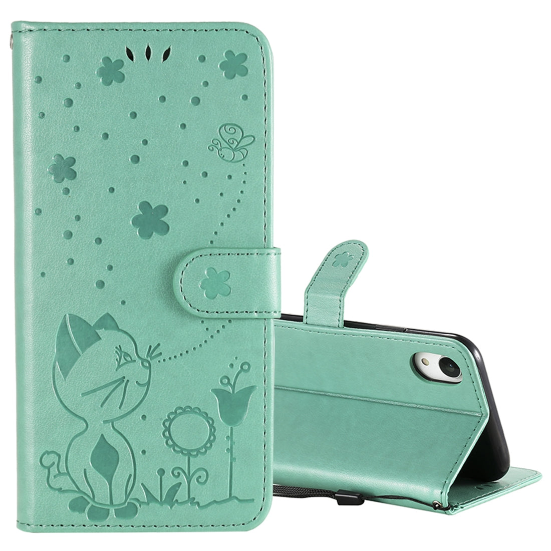For Apple iPhone XR Cat and Bee Embossed Flip Leather Phone Case Wallet Cover with Card Slots Cash Pocket Magnetic Stand Protective Shockproof TPU PU Leather Case with Wrist Strap