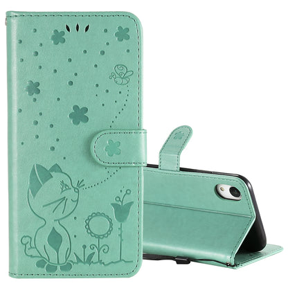 For Apple iPhone XR Cat and Bee Embossed Flip Leather Phone Case Wallet Cover with Card Slots Cash Pocket Magnetic Stand Protective Shockproof TPU PU Leather Case with Wrist Strap