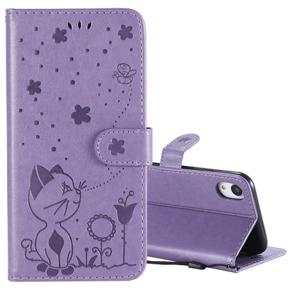 For Apple iPhone XR Cat and Bee Embossed Flip Leather Phone Case Wallet Cover with Card Slots Cash Pocket Magnetic Stand Protective Shockproof TPU PU Leather Case with Wrist Strap