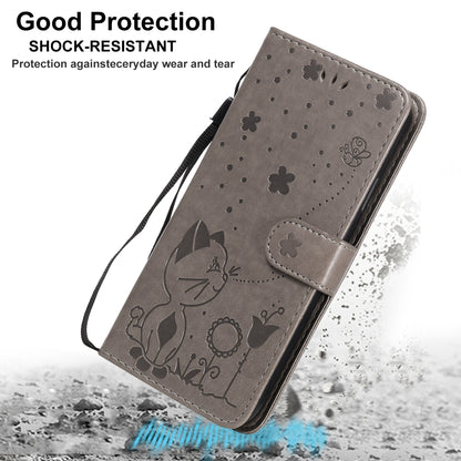 For Apple iPhone XR Cat and Bee Embossed Flip Leather Phone Case Wallet Cover with Card Slots Cash Pocket Magnetic Stand Protective Shockproof TPU PU Leather Case with Wrist Strap