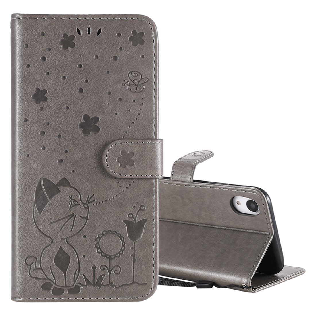 For Apple iPhone XR Cat and Bee Embossed Flip Leather Phone Case Wallet Cover with Card Slots Cash Pocket Magnetic Stand Protective Shockproof TPU PU Leather Case with Wrist Strap