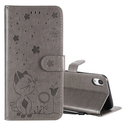 For Apple iPhone XR Cat and Bee Embossed Flip Leather Phone Case Wallet Cover with Card Slots Cash Pocket Magnetic Stand Protective Shockproof TPU PU Leather Case with Wrist Strap