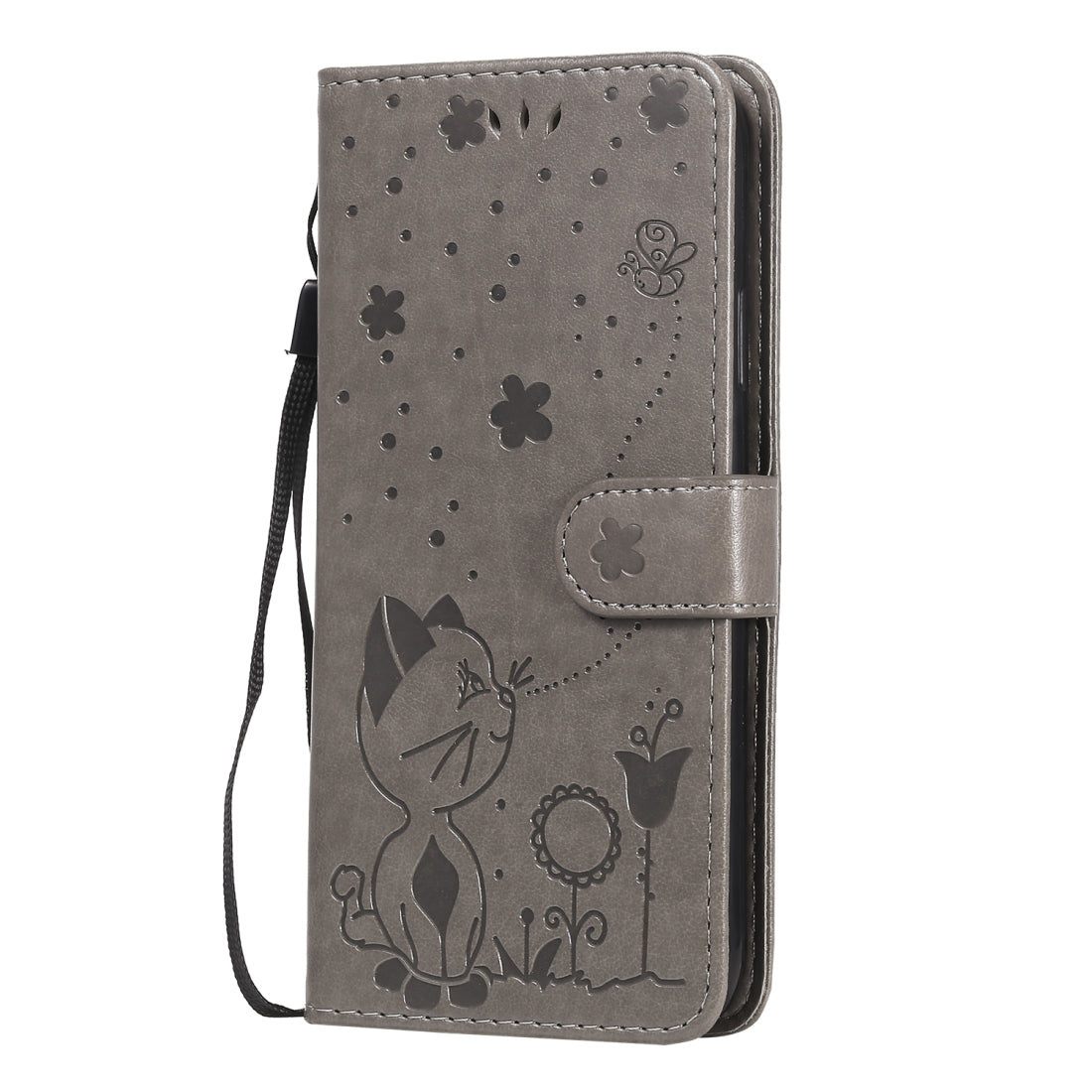 For Apple iPhone XR Cat and Bee Embossed Flip Leather Phone Case Wallet Cover with Card Slots Cash Pocket Magnetic Stand Protective Shockproof TPU PU Leather Case with Wrist Strap