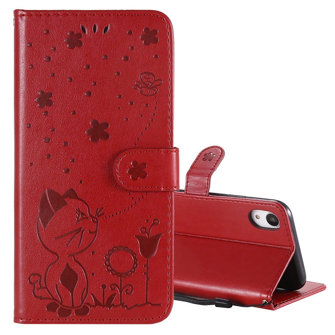 For Apple iPhone XR Cat and Bee Embossed Flip Leather Phone Case Wallet Cover with Card Slots Cash Pocket Magnetic Stand Protective Shockproof TPU PU Leather Case with Wrist Strap