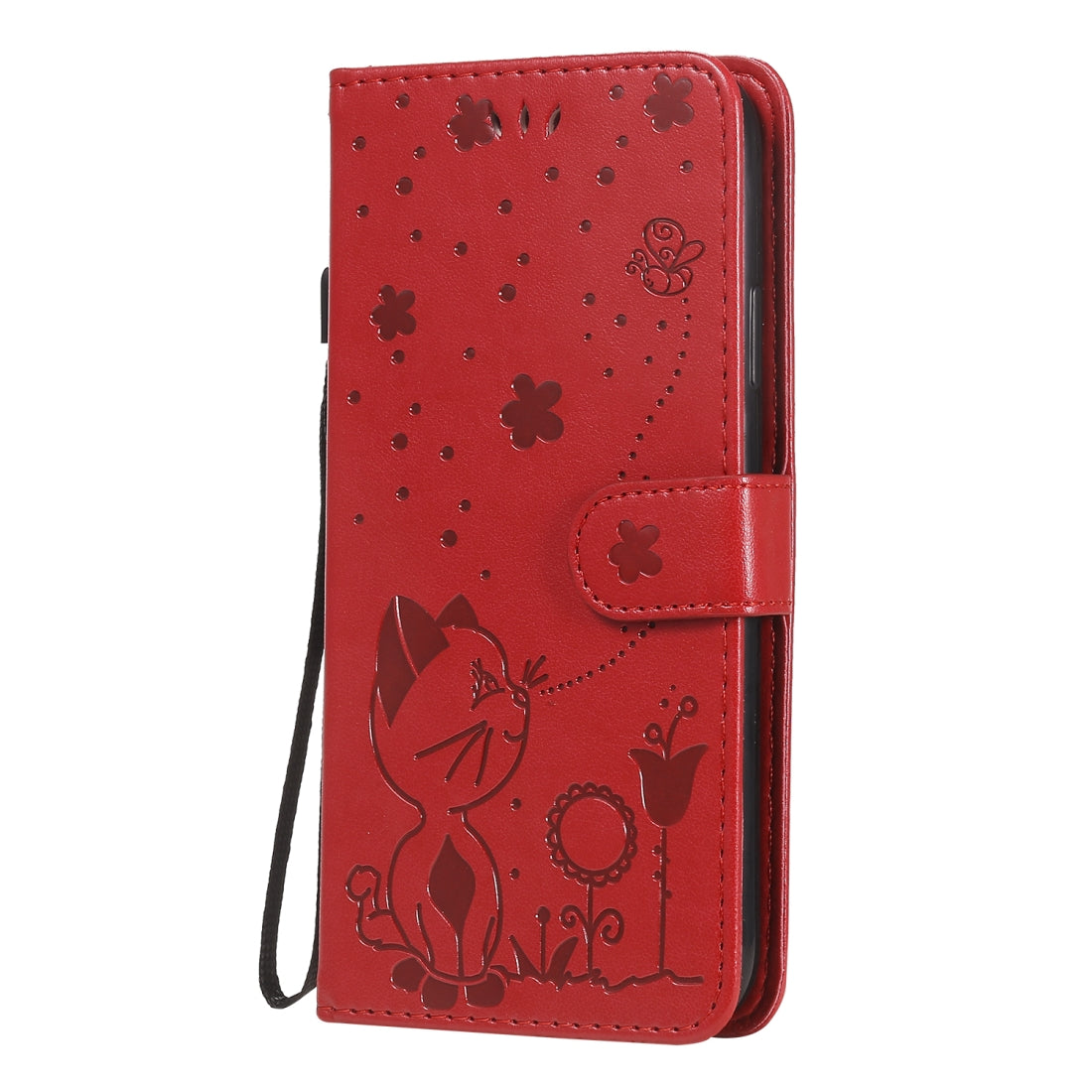 For Apple iPhone XR Cat and Bee Embossed Flip Leather Phone Case Wallet Cover with Card Slots Cash Pocket Magnetic Stand Protective Shockproof TPU PU Leather Case with Wrist Strap