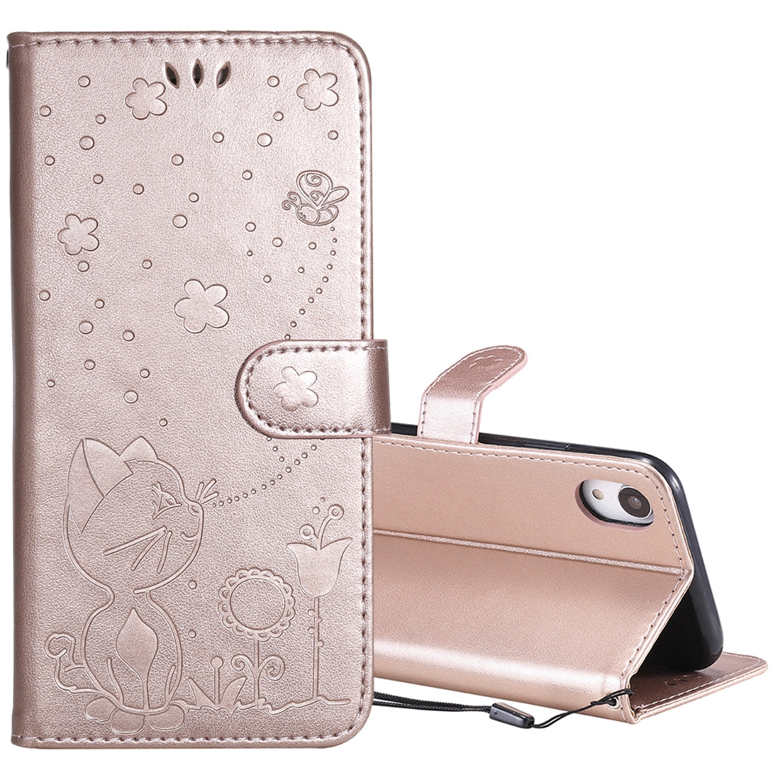 For Apple iPhone XR Cat and Bee Embossed Flip Leather Phone Case Wallet Cover with Card Slots Cash Pocket Magnetic Stand Protective Shockproof TPU PU Leather Case with Wrist Strap
