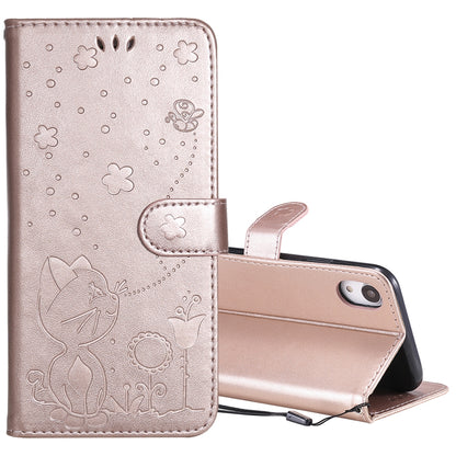 For Apple iPhone XR Cat and Bee Embossed Flip Leather Phone Case Wallet Cover with Card Slots Cash Pocket Magnetic Stand Protective Shockproof TPU PU Leather Case with Wrist Strap