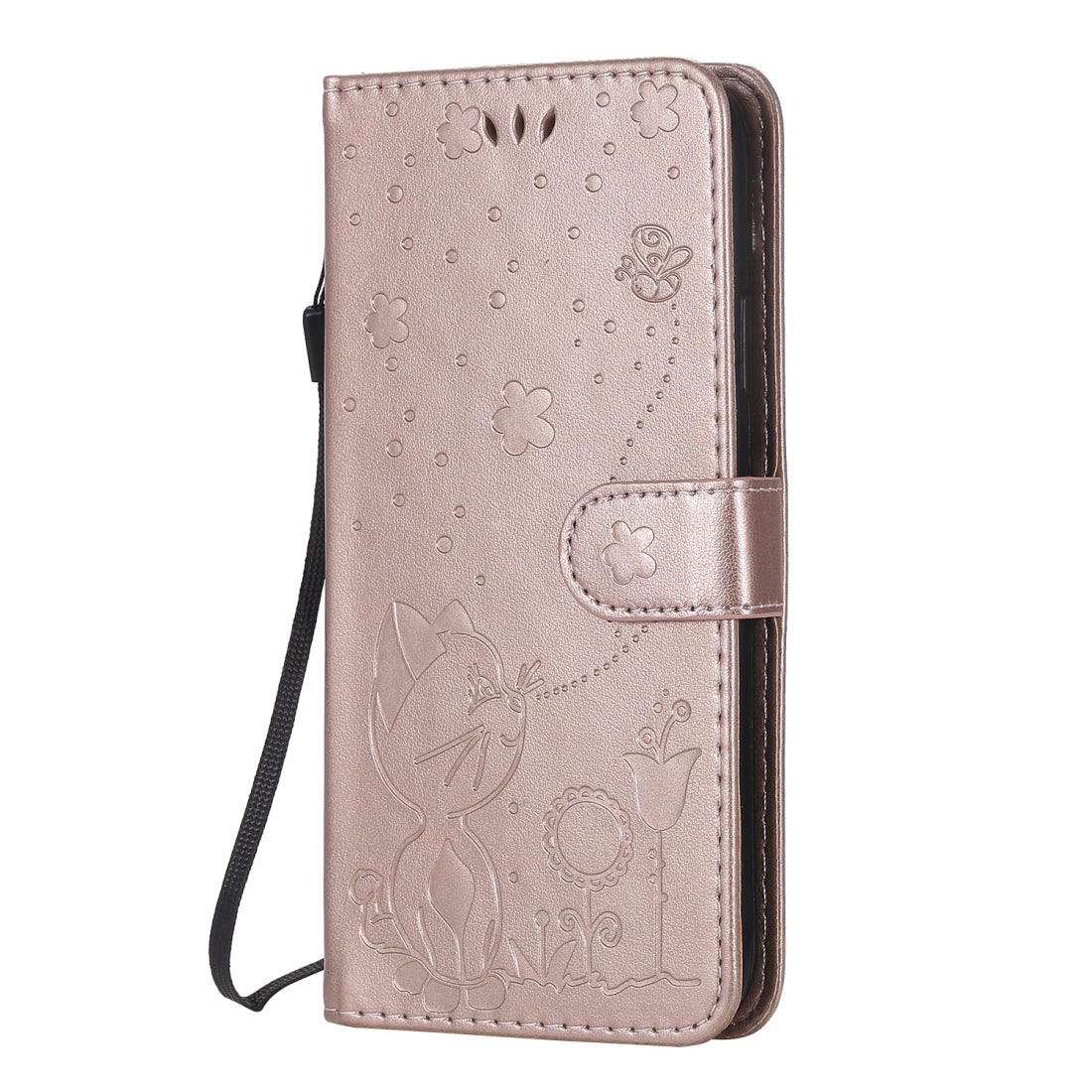 For Apple iPhone XR Cat and Bee Embossed Flip Leather Phone Case Wallet Cover with Card Slots Cash Pocket Magnetic Stand Protective Shockproof TPU PU Leather Case with Wrist Strap