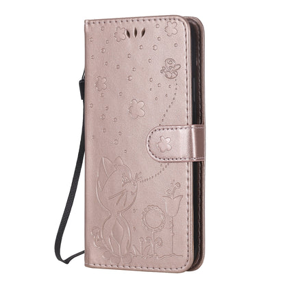 For Apple iPhone XR Cat and Bee Embossed Flip Leather Phone Case Wallet Cover with Card Slots Cash Pocket Magnetic Stand Protective Shockproof TPU PU Leather Case with Wrist Strap