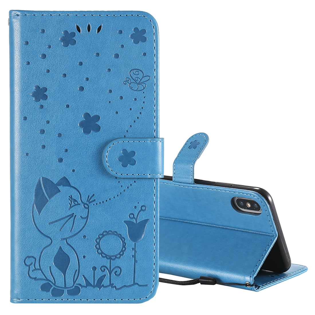 For Apple iPhone XS Max Cat and Bee Embossed Flip Leather Phone Case Wallet Cover with Card Slots Cash Pocket Magnetic Stand Protective Shockproof TPU PU Leather Case with Wrist Strap