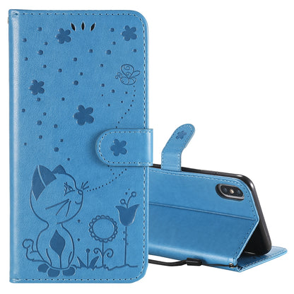 For Apple iPhone XS Max Cat and Bee Embossed Flip Leather Phone Case Wallet Cover with Card Slots Cash Pocket Magnetic Stand Protective Shockproof TPU PU Leather Case with Wrist Strap