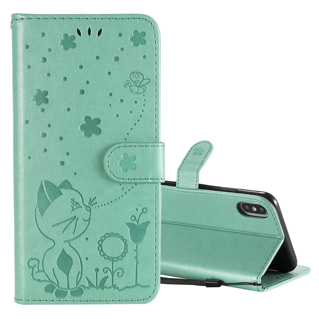 For Apple iPhone XS Max Cat and Bee Embossed Flip Leather Phone Case Wallet Cover with Card Slots Cash Pocket Magnetic Stand Protective Shockproof TPU PU Leather Case with Wrist Strap