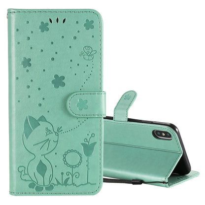 For Apple iPhone XS Max Cat and Bee Embossed Flip Leather Phone Case Wallet Cover with Card Slots Cash Pocket Magnetic Stand Protective Shockproof TPU PU Leather Case with Wrist Strap