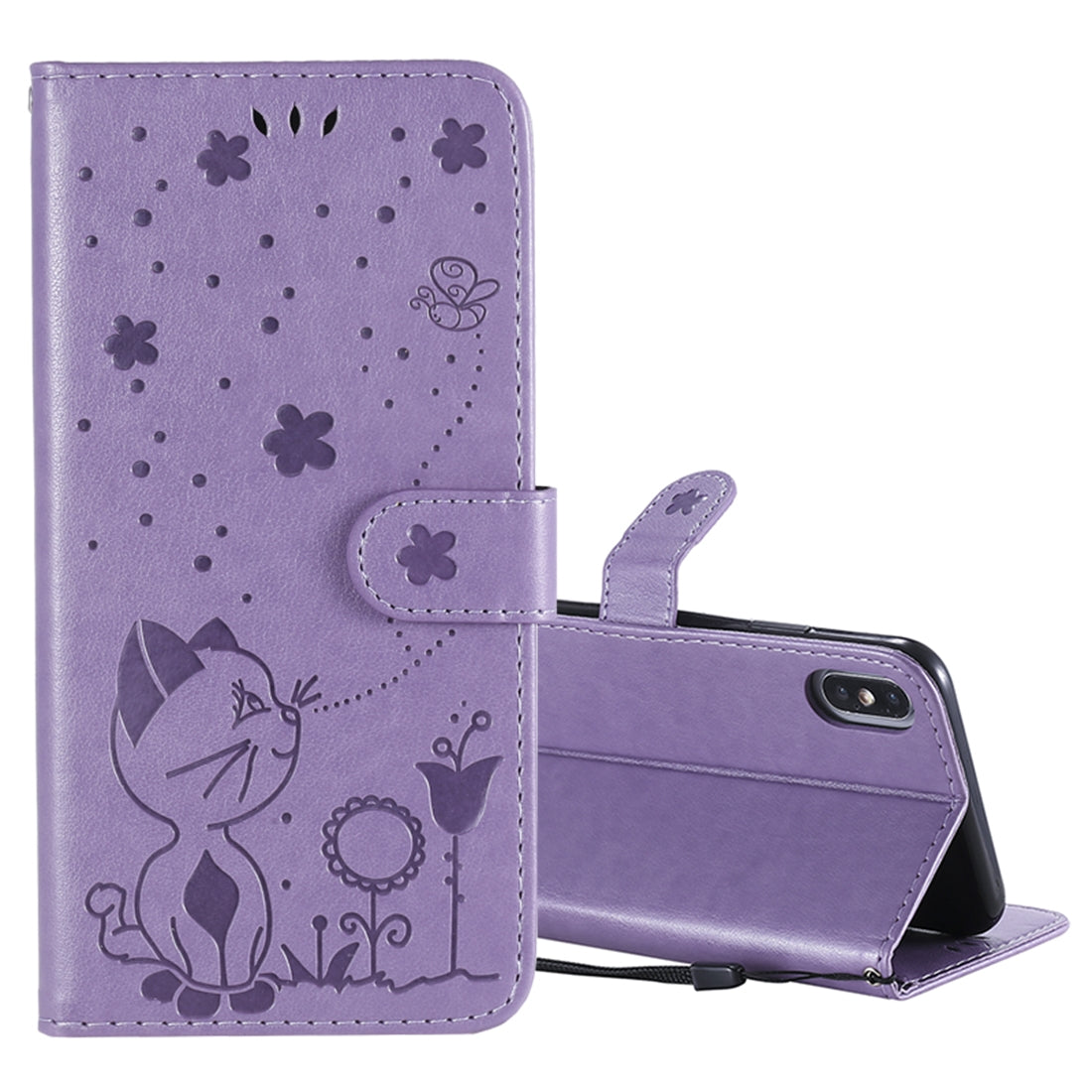 For Apple iPhone XS Max Cat and Bee Embossed Flip Leather Phone Case Wallet Cover with Card Slots Cash Pocket Magnetic Stand Protective Shockproof TPU PU Leather Case with Wrist Strap