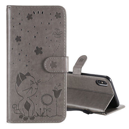 For Apple iPhone XS Max Cat and Bee Embossed Flip Leather Phone Case Wallet Cover with Card Slots Cash Pocket Magnetic Stand Protective Shockproof TPU PU Leather Case with Wrist Strap
