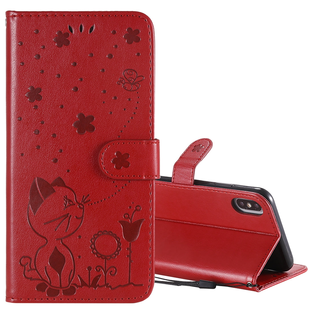 For Apple iPhone XS Max Cat and Bee Embossed Flip Leather Phone Case Wallet Cover with Card Slots Cash Pocket Magnetic Stand Protective Shockproof TPU PU Leather Case with Wrist Strap