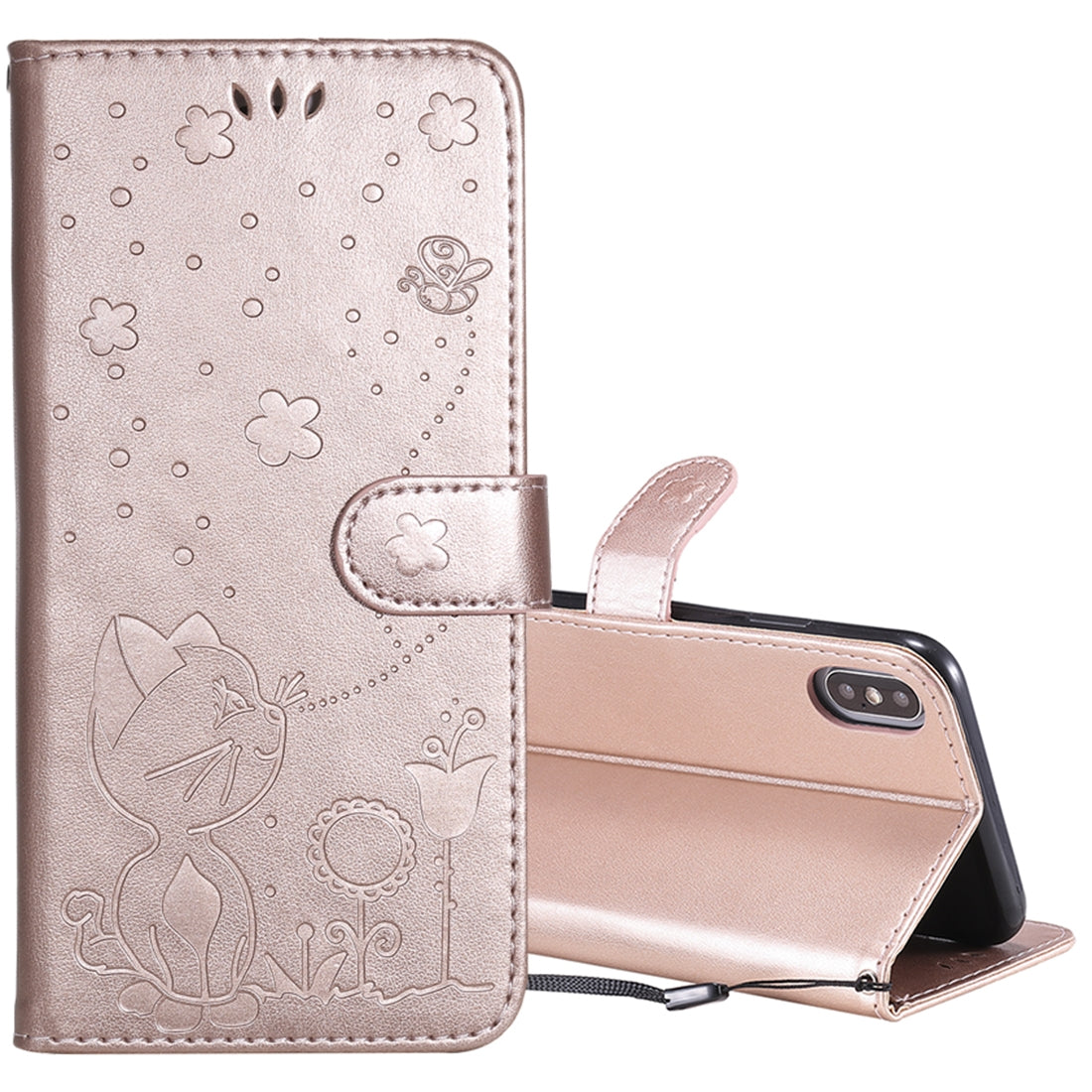 For Apple iPhone XS Max Cat and Bee Embossed Flip Leather Phone Case Wallet Cover with Card Slots Cash Pocket Magnetic Stand Protective Shockproof TPU PU Leather Case with Wrist Strap